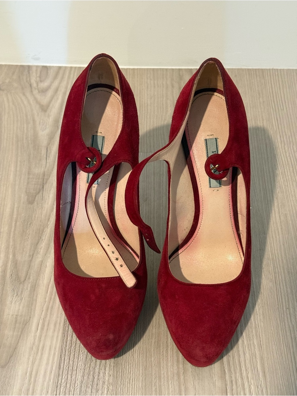 Prada Red Suede Mary Jane Pointed-Toe Pumps - Picture 2 of 4